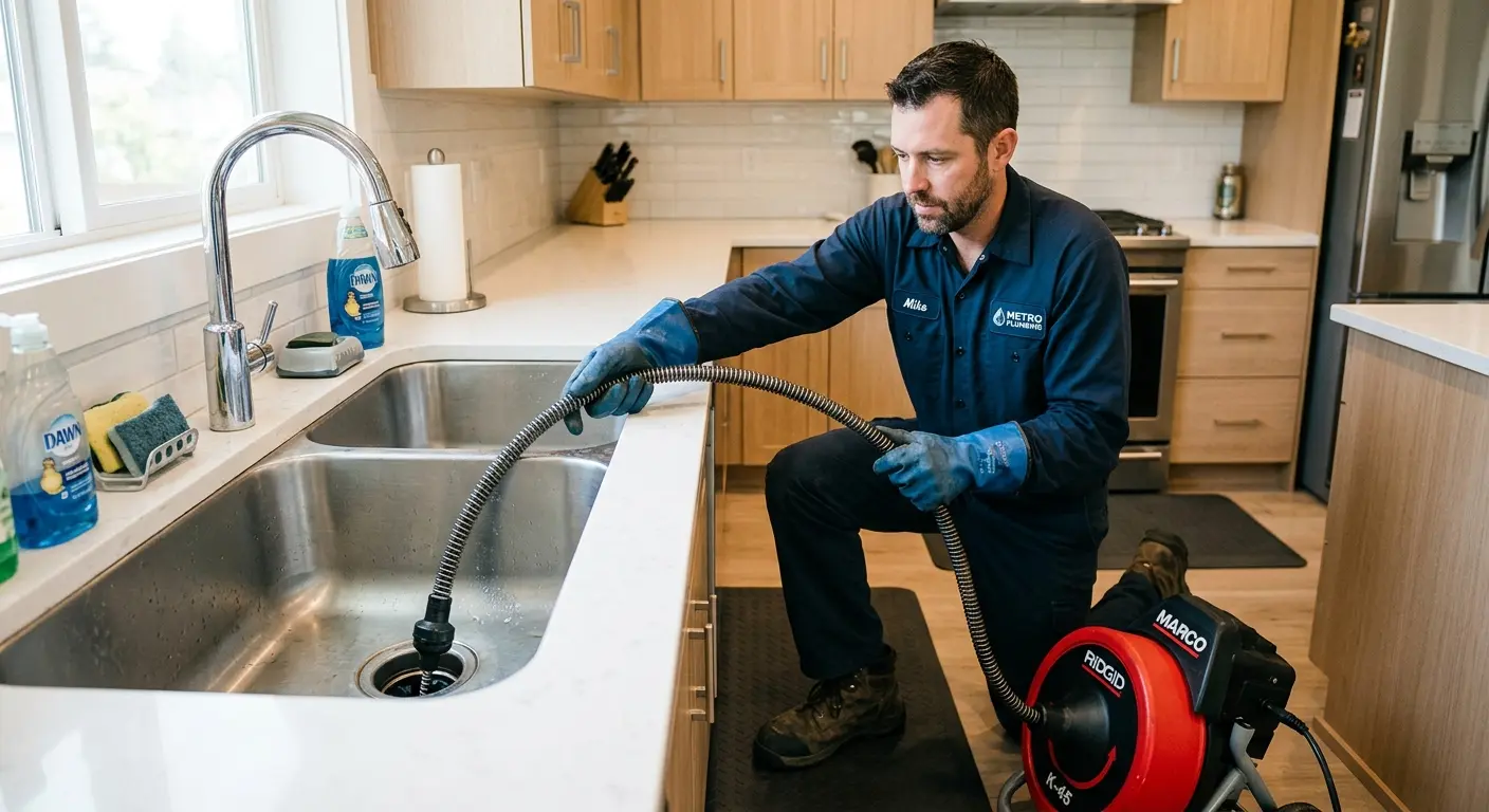 Drain cleaning technician using a motorized snake on a kitchen sink in Pineville