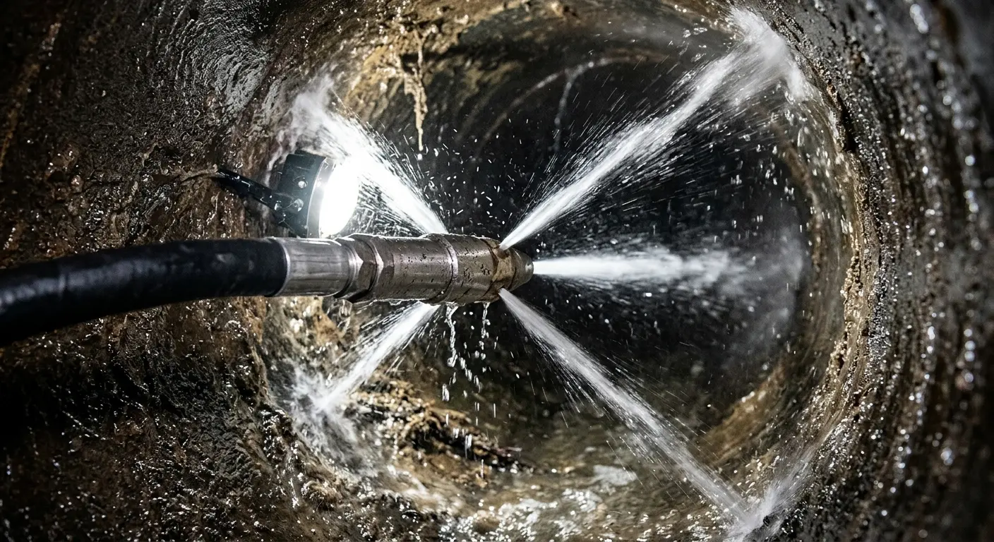 High-pressure hydro jetting nozzle cleaning sewer pipe for Trenchless Sewer Repair in Pineville