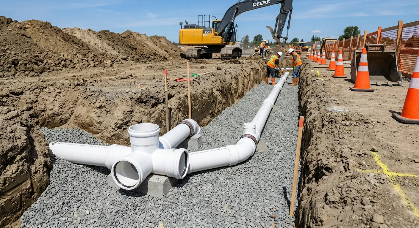 New PVC sewer pipe installation in open trench for Sewer Backup in Pineville