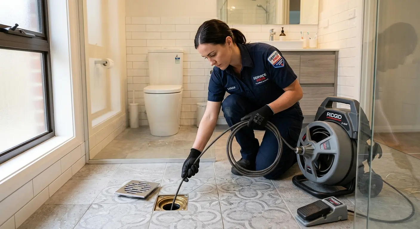 Technician clearing a bathroom floor drain for Drain Cleaning in Pineville